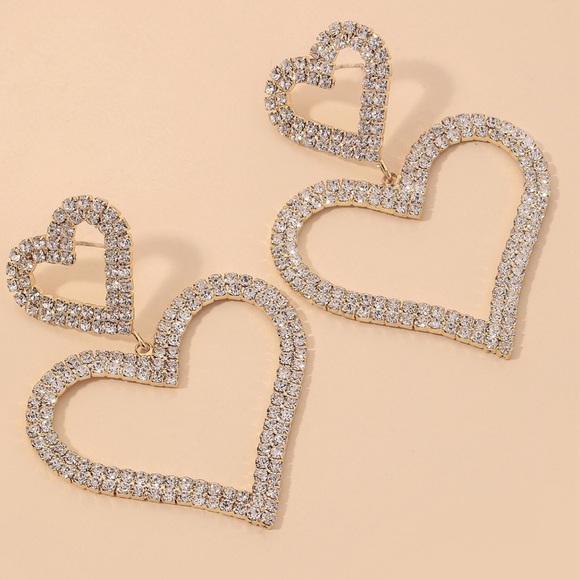 Double Shimmering ❤️s Rhinestone Hanging Earrings! - Picture 5 of 7